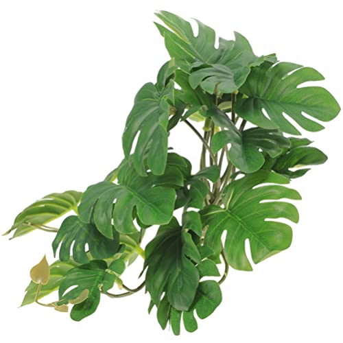 POPETPOP Artificial Hanging Plant for Reptile Terrarium Decor 10.62In Lifelike Leaf Pendant with Suction Cups for Gecko Lizard Amphibian Habitat and Hideout