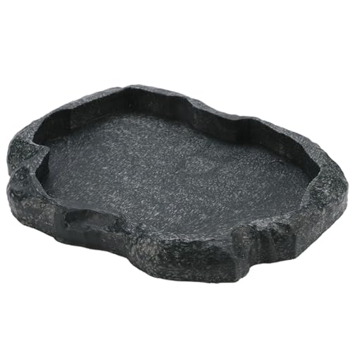 Reptile Water Dish, Sturdy ABS Resin Reptile Rock Food Water Dish Feeder, Smooth 7.09x5.51x0.79in Reptiles Rock Food Bowl for Pets Feeding, Drinking, Dark Green