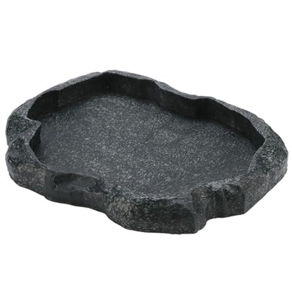 Reptile Water Dish, Sturdy ABS Resin Reptile Rock Food Water Dish Feeder, Smooth 7.09x5.51x0.79in Reptiles Rock Food Bowl for Pets Feeding, Drinking, Dark Green