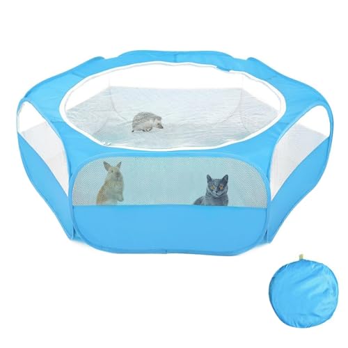 Small Animals Playpen with Top Zippered Cover, Portable Hexagonal Foldable Pet Tent, High-Strength Steel & Breathable Mesh, Indoor Outdoor Yard Fence for Rabbits, Chinchillas, Hedgehogs (Blue) - color: Blue