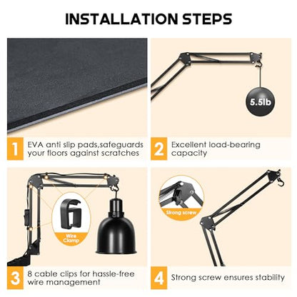 Enhon Reptile Heat Lamp Stand, Dual Reptile Light Stand with Two Flexible Brackets, Adjustable Heat Lamp Stand (15.7-74.3inch) with 360° Swing Arm and Anti tip Clip for Bearded Dragon Turtles Snake