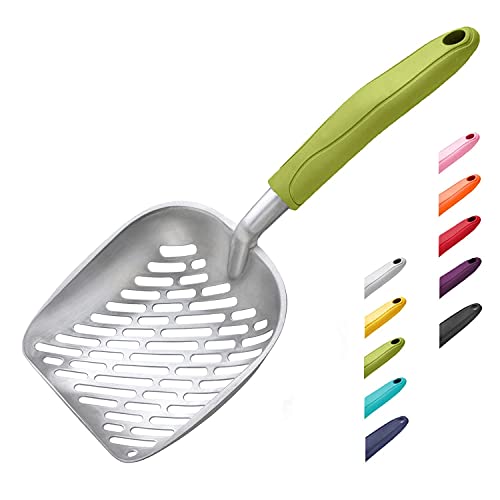 WePet Cat Litter Scoop, Aluminum Alloy Sifter, Kitty Metal Scooper, Deep Shovel with Diagonal Sifting Hole, Long Handle, Kitten Poop Lifter for Litter Box, Medium Size, Green Handle - color: #03 Green, size: Medium