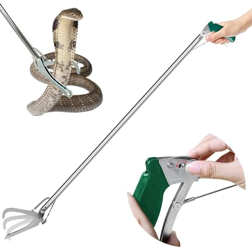 IC ICLOVER 47 Inch Extra Heavy Duty Snake Tongs, Standard Reptile Snake Grabber Catcher Tool, Professional Reptile Grabber Rattle Snake Catching Wide Jaw Handling Tool, with Locking - Stainless Steel