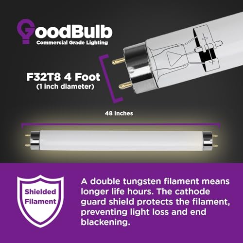 GoodBulb 32W 48 Inch T8 Fluorescent Light Bulb, 6500K Full Spectrum Medium Bi-Pin Base, 3050 Lumens 86 CRI 24000 Life Hours, Instant/Programmed Start (Pack of 25) - color: 6500k