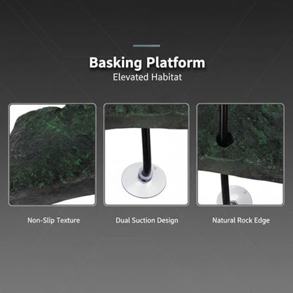 Turtle Basking Platform for Aquatic Tanks, 11 x 4.7 in Large Floating Pier with Reptile Ramp, Non-Slip Resin Rock Surface, Strong Suction Cups for Turtles, Frogs, and Newts Climbing