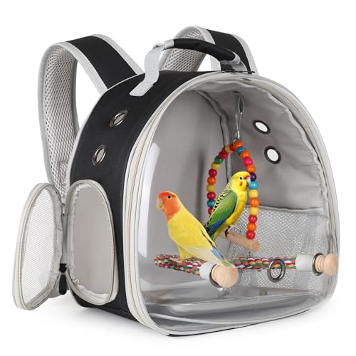 Portable Parrot Travel Cage Carrier with Small Swing Toy&Cage Colorful Toys Set Small Bird Parakeet Bag with Standing Perch Bird Carry Transport Bag (Black, Backpack/Swing) - color: Black, size: 1.0"L x 1.0"W x 1.0"H