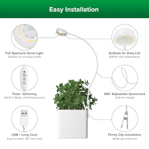 SANSI Grow Lights for Indoor Plants, Pot Clip LED Plant Lights for Indoor Growing, Full Spectrum, Plant Lamp with 4-Level Dimmable, Auto On Off 3 6 12 Hrs Timer for Succulents, Small Plant, White, 5V. - size: 1-Pack