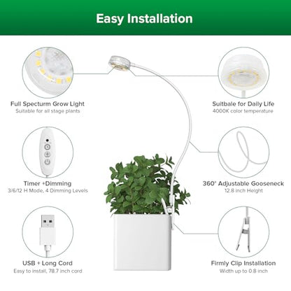 SANSI Grow Lights for Indoor Plants, LED Pot Clip Plant Light for Growing, 4000K Full Spectrum Plant Growing Lamp with 4-Level Dimmable, Auto On Off Timing 3 6 12 Hrs for Small Plants, White 5V 2-Pack - size: 2-Pack