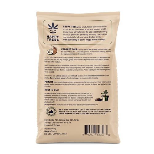 Happy Trees Coco Coir and Perlite 70/30 Growing Medium, Potting Mix, Seed-Starting, Premium Quality Triple-Washed for Low Salt/EC, pH Balanced Loose Coconut Fiber, Peat-Free, 50L (1.8 cu.ft.) - size: 50L