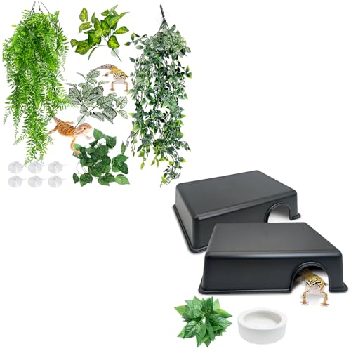 Hamiledyi 5 Pcs Reptile Plants Terrarium Hanging Fake Plant Leaves and Reptile Hide Box 4 Pcs Leopard Gecko Hide Snake Hideout for Ball Python for Lizard, Corn Snake