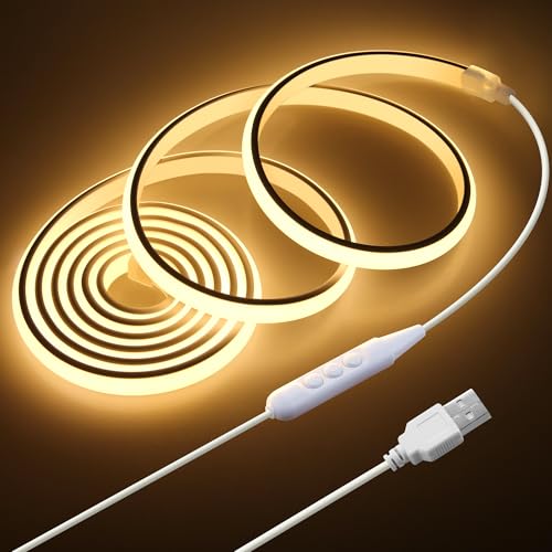 USB COB LED Strip Light Waterproof 5V 6.6FT 3000K Warm White COB LED Rope Light for Bedroom with Dimmer High Density 320LEDs/M Tunable Flexible LED Tape Light for TV Backlight Mirror Decor 2M - color: Warm White, size: 2M
