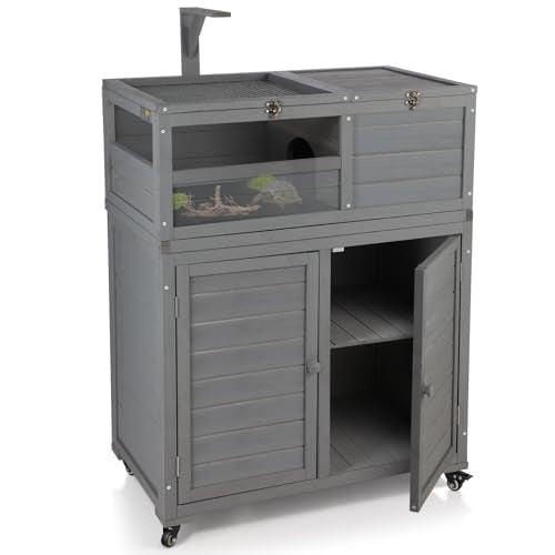 Wooden Tortoise Habitat with Storage and Wheels, Large Turtle Enclosure Cage with Lamp Holder & Easy-Clean Tray, Tortoise Enclosure Indoor & Outdoor, Reptile Enclosure with for Gecko, Lizard, Snake