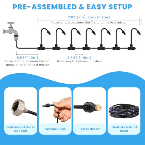homenote Adjustable Misting System, 360° Flexible Brass Nozzles, 32FT Pre-Assembled Mister Hose for Patio Cooling, Garden Irrigation, Greenhouse Watering, Pet Chicken Coop Cooling - size: 32FT / 10M