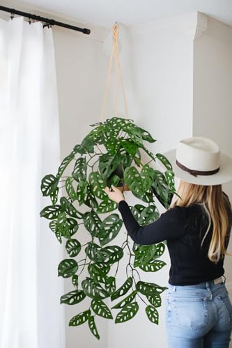 Large Fake Hanging Plants in Pot with Hook, 37" Artificial Hanging Monstera Albo Vines Plants, Fake Potted Greenery Plant for Room Wall Living Room Bathroom Kitchen, Big Faux Ivy Houseplants for Shelf - color: # Monstera Albo