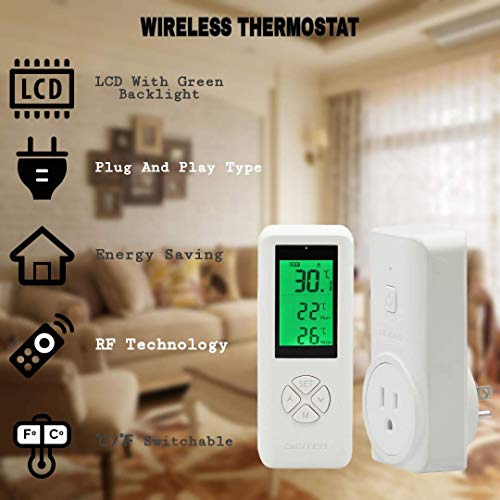 DIGITEN Wireless Thermostat Plug in Digital Temperature Controller Outlet Programmable Thermostat with Build-in Temperature Sensor Remote Control Greenhouse Thermostat Outlet Plug for Heater - style: 1.Temperature is detected by the Remote.