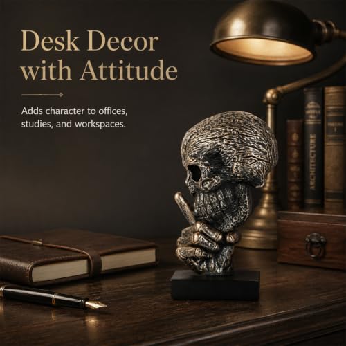 Black and Gold Speak No Evil Skull Sculpture – Gothic Halloween Figurine for Shelf or Desk, Resin Bronze Skeleton Statue for Goth Weird Home Decor, Dark Academia Office Spooky Accent