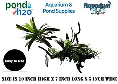 Plant on Tree Branch Artificial Aquarium Ornament 10 Inches Tall, Realistic Look and Feel Silk Plants on Driftwood, Resin Aquarium or Fish Tank Decoration