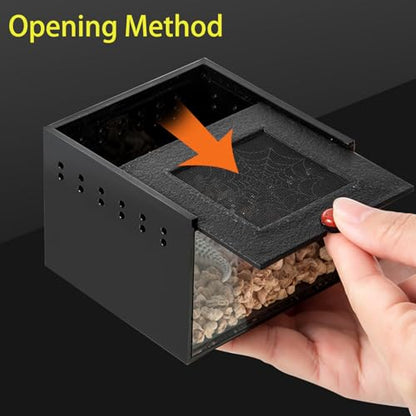 Black Acrylic Spider Feeding Box, Small Insect Breeding Enclosure, Semi-Concealed Cage with Sliding Web Lid, Hand-Held Observation Terrarium for Small Reptiles, Jumping Spiders Enclosure and Scorpions