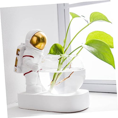 BESPORTBLE Hydroponic Glass Vase with Astronaut Resin Ornament and LED Light Multifunctional Water Plant Holder for Home Office and Bar Decor Themed Art Accent