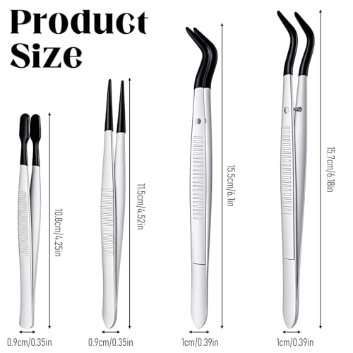Zelphvt 4 PCS Tweezers with Rubber Tips Rubber Tipped Tweezers Set PVC Coated Long Bent & Flat &Straight Tip Tweezer for Crafting Stamps Beads Jewelry Tools
