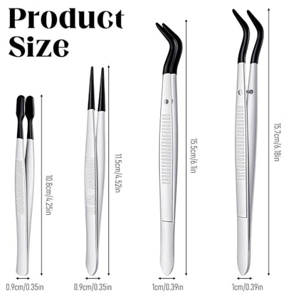 Zelphvt 4 PCS Tweezers with Rubber Tips Rubber Tipped Tweezers Set PVC Coated Long Bent & Flat &Straight Tip Tweezer for Crafting Stamps Beads Jewelry Tools