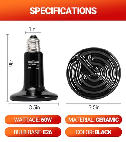 REPTI ZOO 2Pack Ceramic Heat Emitter 60W Reptile Heat Lamp Night Heat Lamp Bulbs Reptile Terrarium Heat lamp Tank Heat Bulb for Turtle Bearded Dragon Gecko Lizard Snake Chicken E26 - style: 60W/2PCS