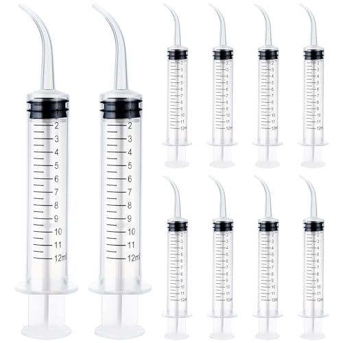 10 Pcs Plastic Syringes with Curved Tip, 12cc Disposable Dental Irrigation Syringe, 12ml Mouthwash Cleaner Syringes for Oral Care Pet Feeding Liquid Measurement - color: Transparent - 10 Pcs