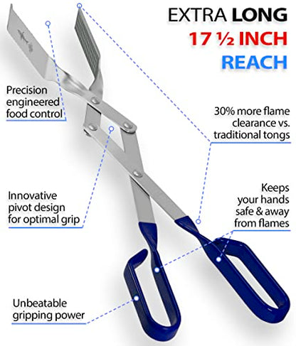 Grill Tongs - 17 inch (Blue) Steak Tongs. Professional kitchen and outdoor grilling utensil. Long reach Barbeque Grilling Tong. Ideal for steak, fish, burger, and sausage - color: Blue Steak Tongs