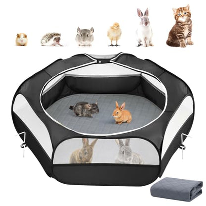 2-in-1 Small Animals Playpen with Pad, Waterproof Small Pet Cage Tent with Reusable Pad, Portable Outdoor Yard Fence with 3 Metal Rod for Chick/Kitten/Puppy/Guinea Pig/Rabbits/Chinchillas, Black+Gray - color: U-Black + Gray