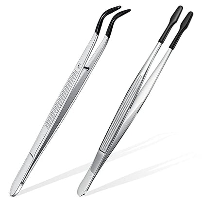2 Piece Tweezers with Rubber Tips Set - Bent and Straight Flat Tips Tweezers PVC Coated for Stamp Coins Jewelry Crafts, Electronics(Silver, Black) - color: Silver, Black