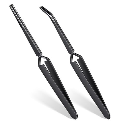 Reverse Tweezers for Crafting, 2 Pcs Rubber Tipped Tweezers Stainless Steel PVC Coated Bent and Straight Flat Tip Cross Locking Precision Tweezer Set for Crafts Jewelry Beads Coins Electronic (Black)