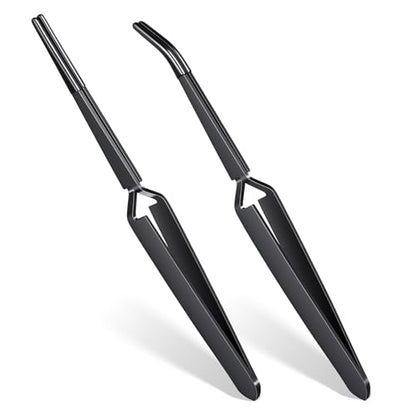 Reverse Tweezers for Crafting, 2 Pcs Rubber Tipped Tweezers Stainless Steel PVC Coated Bent and Straight Flat Tip Cross Locking Precision Tweezer Set for Crafts Jewelry Beads Coins Electronic (Black)
