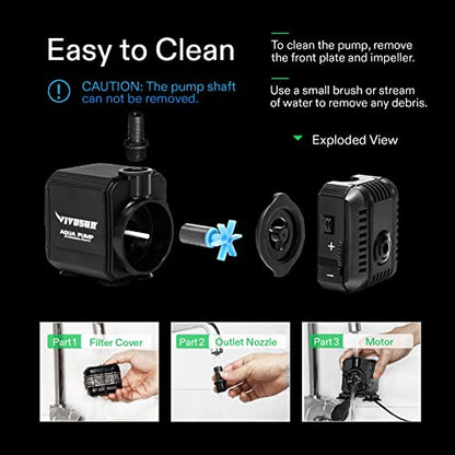 VIVOSUN 2-pack 210GPH Submersible Pump(800L/H, 8W), Ultra Quiet Water Pump with 3.3ft High Lift, Fountain Pump with 5ft Power Cord, 2 Nozzles for Fish Tank, Pond, Aquarium, Statuary, Hydroponics - size: 6"×5"-210-2-pack