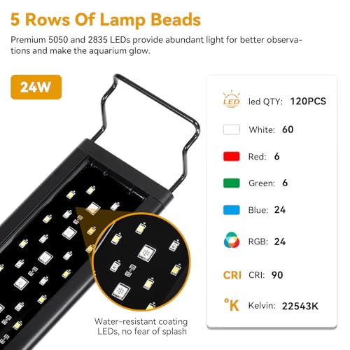 hygger 24W LED Aquarium Light, 24-30 Inch Fish Tank Light with Timer Auto On/Off, Sunrise Sunset Mode, Adjustable Brightness and Colors, Full Spectrum Light with Extendable Brackets for Freshwater - size: 24"- 30" (24W)