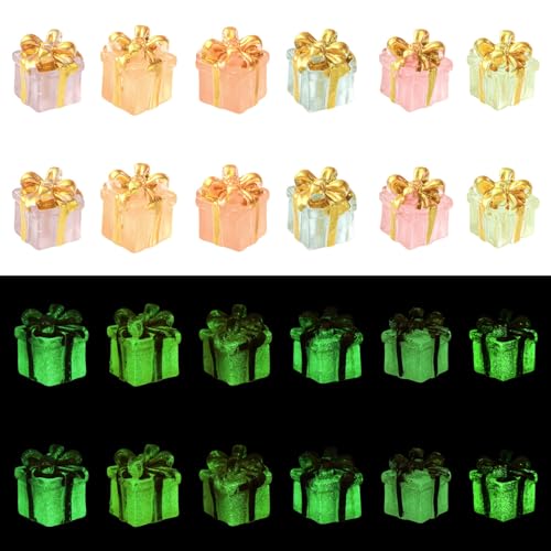 36 pcs 6 Styles Miniature Resin Gift Box Figurines Luminous Christmas Xmas Present Box Figures for DIY Micro Landscape Home Yard Lawn Decor - color: 36pcs-14.5~15.5x14~14.5x14~14.5mm-resin Gift Box Figurines