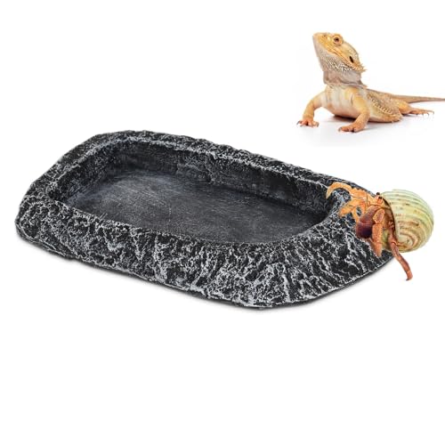 Reptile Water Dish for Bearded Dragon Tank Accessories, Hygger zoo Hermit Crab Food Bowl Reptile Food Dish Corner Rock Terrarium Feeding Bowl Tortoise Water Dish for Leopard Gecko Turtle Snake, Black - color: Black(6.5*4.1*0.7)
