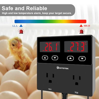 KETOTEK KT99pro Dual Digital Temperature Controller Outlet 10A Relay Heating Coolling Thermostat Controlled Socket with Sensor for Reptile Brewing Fermentation Breeding Incubation Greenhouse
