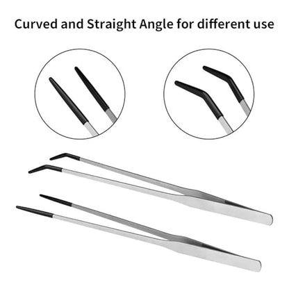 1set/2Piece Steel Reptiles Feeding Tongs Straight & Curved Long Tweezers with Nonslip Tip for Precise Handling Use Feeding Tongs with Rubber Tip