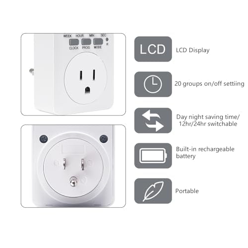 Digital Plug-in Timer Outlet Socket 20 on/Off Programmable Timer Switch 24 Hours 7 Days Programs and Countdown Energy Saving Timing Plug Socket (15A 1725W 115VAC)