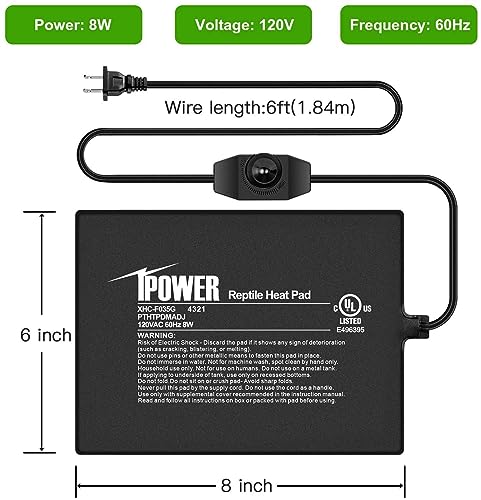 iPower 6 by 8 Inch Reptile Heating Pad with Temperature Adjustable Controller Knob, Under Tank Warmer Terrarium Heat Mat for Reptiles and Amphibians - size: 6 X 8 Inch