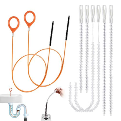 8 Pack Shower Drain Snake Set, 2 x 32" Snake Drain Hair Removal Tool, 6 × 18/24/28" Drain Cleaner Tool, Long Flexible Anti-Break Steel Plumbing Snake for Sink/Pipe/Bathroom/Toilet/Tub Drain
