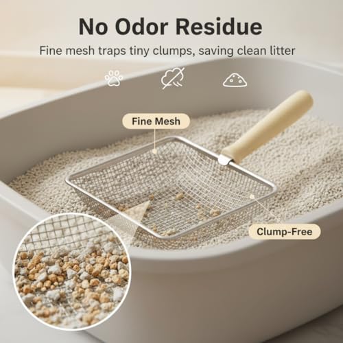 Fine Mesh Cat Litter Scoop with Holder, Stainless Steel Mesh Scooper, Stainless Steel Cat Litter Scooper Caddy Trash Container, Wide Rabbit Poop Lifter with Beech Handle | Fine Mesh Cat Litter Scoop with Holder, Stainless Steel Mesh Scooper, Wide Rabbit P