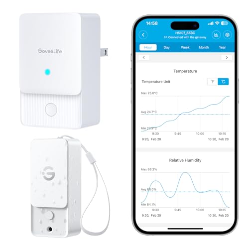 GoveeLife Outdoor Indoor Wireless Wi-Fi Gateway Thermometer Hygrometer, IP65 Waterproof Temperature Humidity Sensor Monitor with Remote APP Alert, 1312ft Monitoring Range,for Home, Greenhouse, Patio - style: LoRa Gateway + 1 Sensors