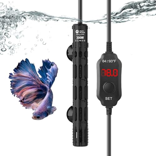 AquaMiracle Submersible Aquarium Heaters, 300W Fish Tank Heater with LED Digital Temp Display, Dry-Run Auto Power-Off & Overheat Protection, for Freshwater and Saltwater Tanks (40-75 Gal) - size: For 40-75 Gal Aquariums