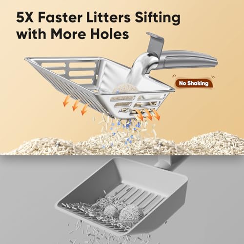 Metal Cat Litter Scoop, Large Cat Scooper with Deep Shovel & Dual Sifting Holes for Fast & Precise Sifting, Space Aluminum Kitty Litter Scooper with Long Handle & Easy-to-Hang Hook - Grey - color: Grey