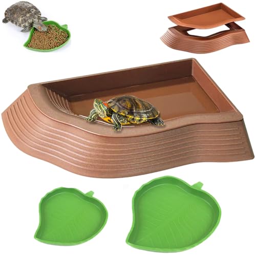 3 Pcs Tortoise Water Dish with Ramp Leaf Tortoise Water Food Bowls Reptile Water Dish Amphibians Habitat Accessories for Lizard Turtle Horned Frog Brown - color: Brown