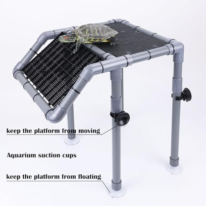 Large Turtle Basking Platform, Sturdy Standing Dock with Non-Slip Ramp, Aquatic Turtle Resting Area for 25/29/40/55 Gal, Gray/Black - size: Basking Platform 10.8" W × 7.7" D