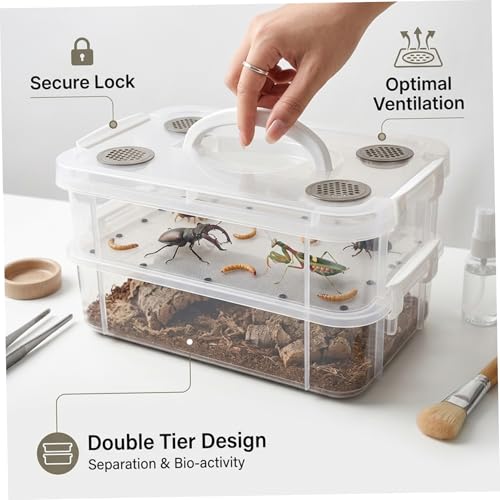 Cricket Container Mealworm Breeding Kit Transparent Critter Keeper Container with Automatic Waste Separation for Live Insects Like Dubia Roaches & Crickets Includes Cleaning Tools