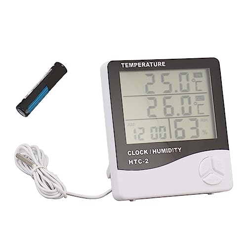Digital Hygrometer Thermometer, Thermometer and Humidity Gauge with Clock Large Display Wired Probe Sensor Temperature Humidity Monitor for Indoor Outdoor Use