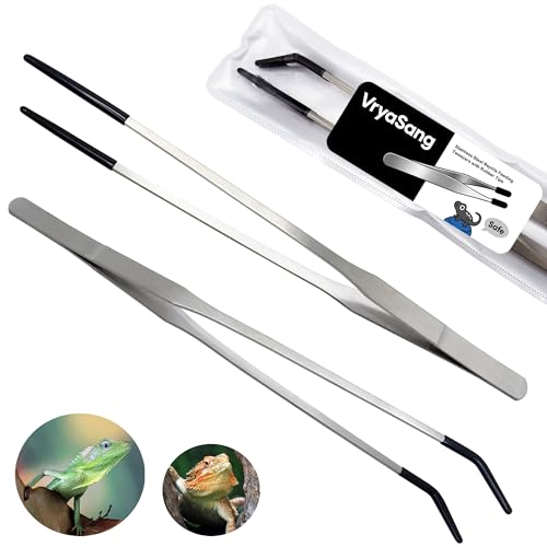 2 PCS Long 10.6" Stainless Steel Reptile Feeding Tongs with Rubber Tip, Straight & Curved Tweezers for Aquariums & Crafts, Feeder Tools for Bearded Dragon, Lizards Snake, Terrarium Supplies (Silver) - color: Silver